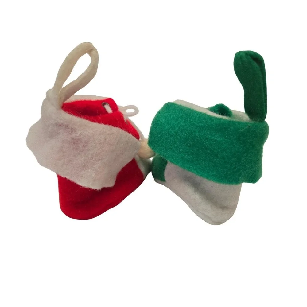 Vintage Felt Christmas‎ Ornaments Shoes Green And Red Retro Holiday Decor